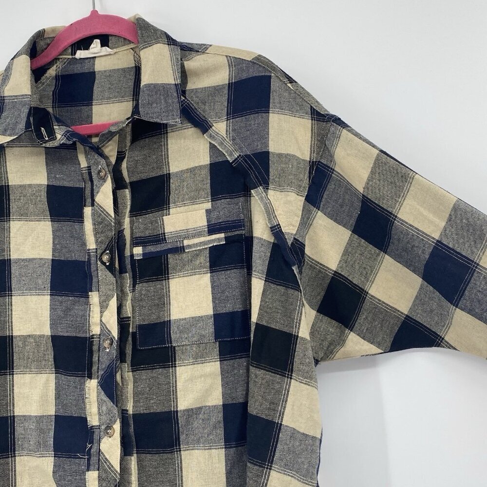Easel Womens Small Plaid Frayed Oversized Shirt Beige Black Navy - Picture 5 of 10